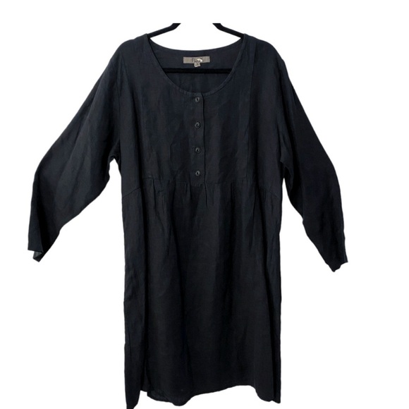 Flax Linen Long Sleeve Midi Dress Black with pockets - Picture 1 of 8